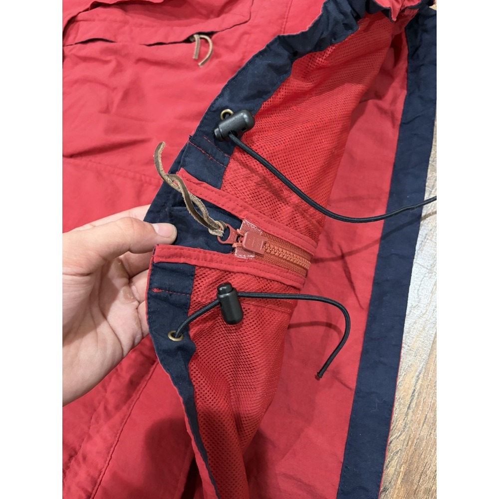 Vintage 90s Timberland Windbreaker Jacket Leather Trim Red Large Hooded - Picture 6 of 9